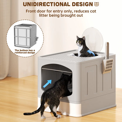Large Foldable Cat Litter Box with Scoop, Front Entry Top Exit Cat Litter Pan with Lid, Enclosed Anti-Splashing Kitty Litter Box, Drawer Type Cat Litter Easy Cleaning and Scoop, Gray