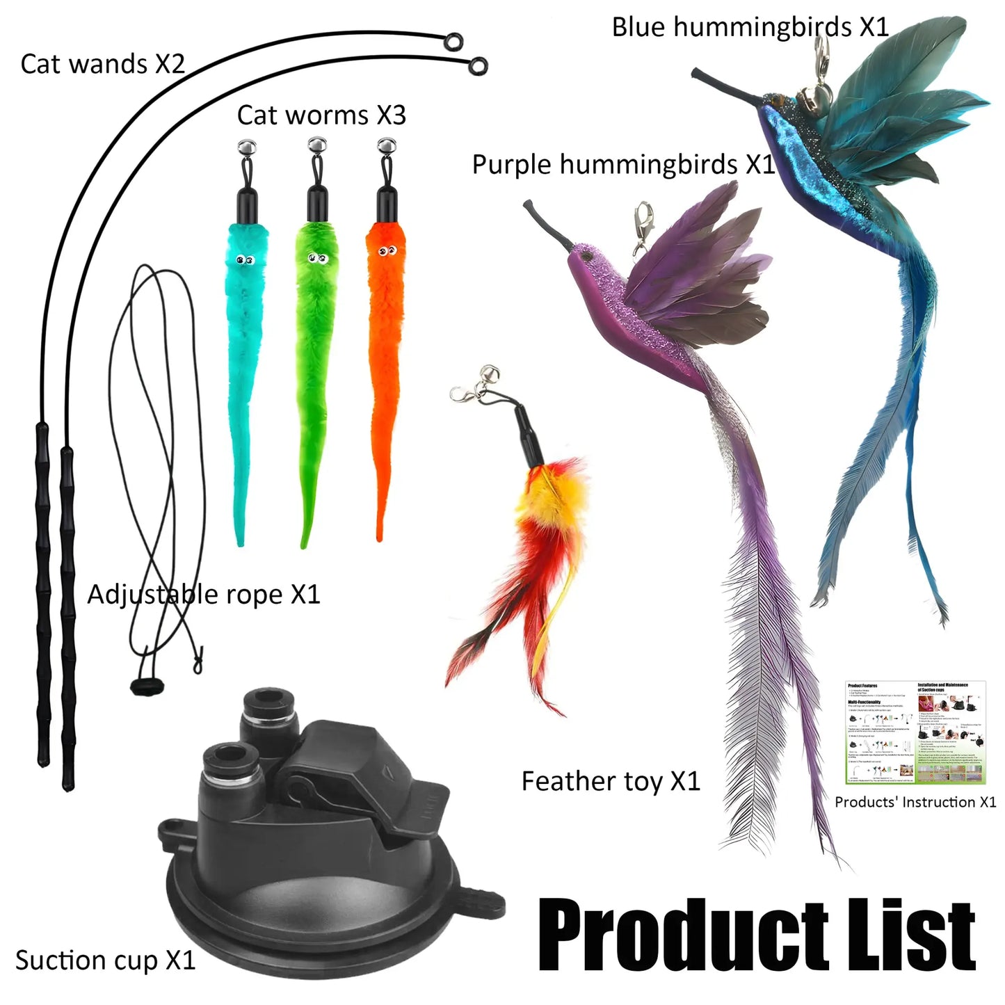 2 Wands with Base & 6 Feather Interactive Cat Toy Set