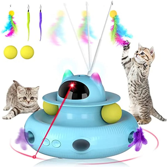 4 in 1 Indoor Interactive Cat Toy with Laser & Retractable Feather Wand, USB Rechargeable, Blue